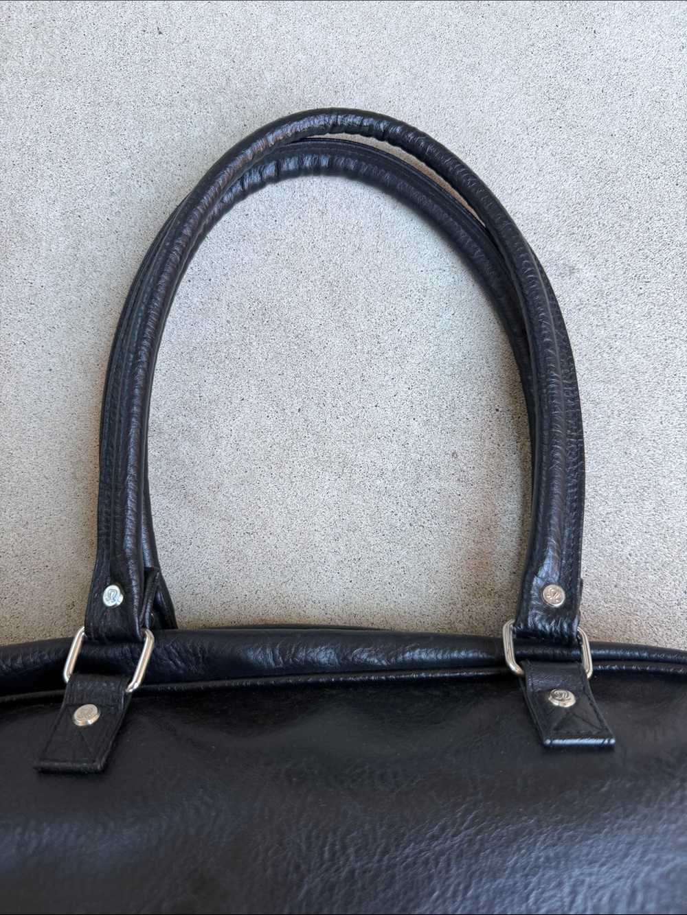 lululemon athletica Black Faux Leather Duffel with Striped Shoulder Strap, EUC!! - Picture 12 of 16